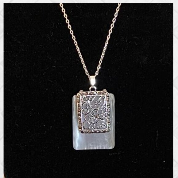 Handcrafted Silver Frosted Glass & Filigree Necklace with 18"-20" Cable Chain - Picture 4 of 7